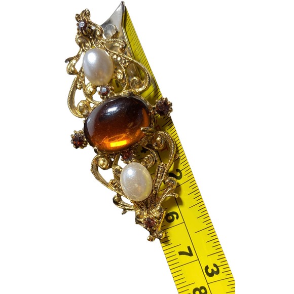 Unsigned Vintage Brooch Pin Gold Tone Scrolled Rhinestone & Pearl 2.5" Jewelry - Picture 7 of 7
